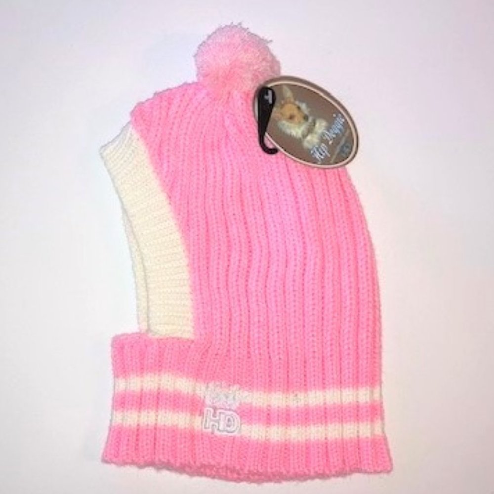 Pink Crown Rib Knit Hat w/PomPom for Dogs
